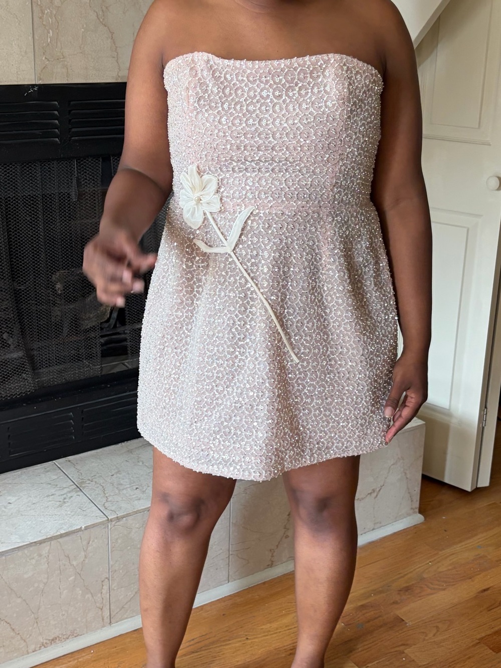Strapless Cream Lace Mini Dress with Floral Accent